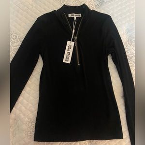 Joah Brown Half Zip Ribbed Mock Neck Black S/M